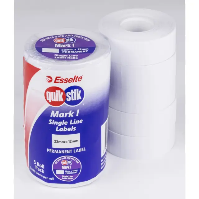 NEW Quikstik Mark I 1 Labels Permanent Blank 1500 Labels/Roll 22x12mm Pack 5