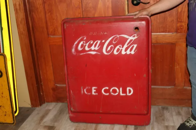 Large Vintage 1940's Coca Cola Ice Cold Soda Pop Cooler 33" Embossed Metal Sign