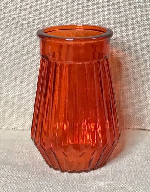 GROOVY MID CENTURY Modern Jewel Tone Orange Ribbed Glass Vase w Clear