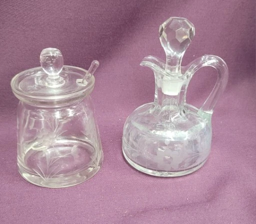 Vintage Daisy Etched Jam Jar W/ Lid&glass Spoon & Cruet W/Stopper Cottage Core