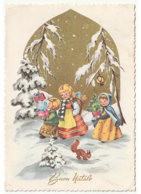 1961 cartolina Buon Natale vintage bambini regali scoiattolo paesaggio innevato