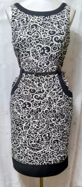 LONDON TIMES Sz 10 Belted Sheath Dress Sleeveless POCKETS Lined Black/Off White