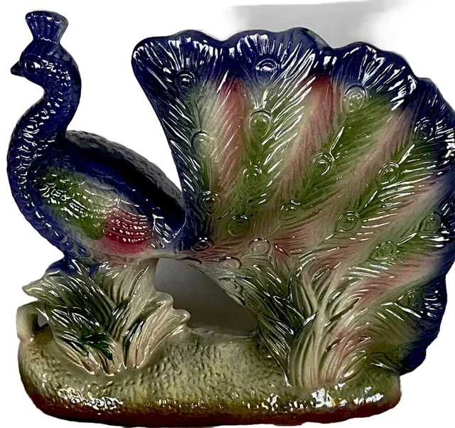 Vintage Lusterware Iridescent Fanned Tail Peacock 9" Ceramic Figurine