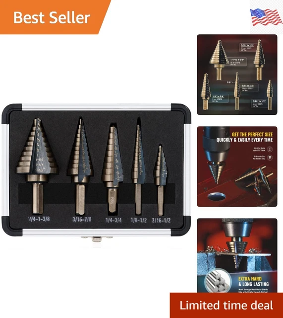 Premium Titanium Step Drill Bit Set - 5PCS HSS - 50 Sizes - Aluminum Case