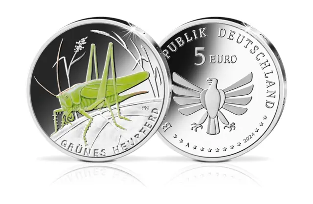 5 Euro Münze 2024 Grünes Heupferd NEU 5€ Insekten Natur Kolorierung bfr.