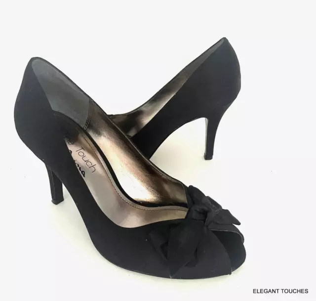 The Touch of Nina Black Satin Bow Peep Toe Pump Heels 6 M FRITZIA Dressy Shoes