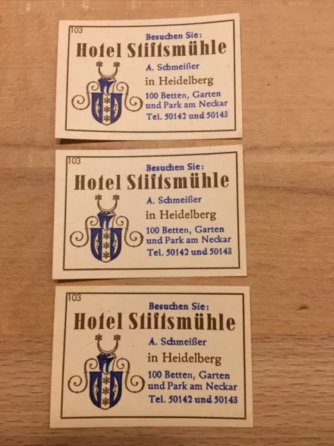 3x alte Zündholz-Etiketten Streichholzetiketten Heidelberg Hotel