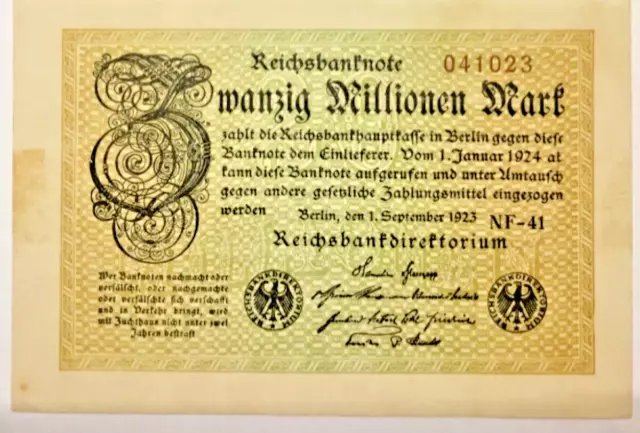 UNC Deutsches Reich 20 Millionen Mark 1923 Papiergeld Banknoten Geldschein echt