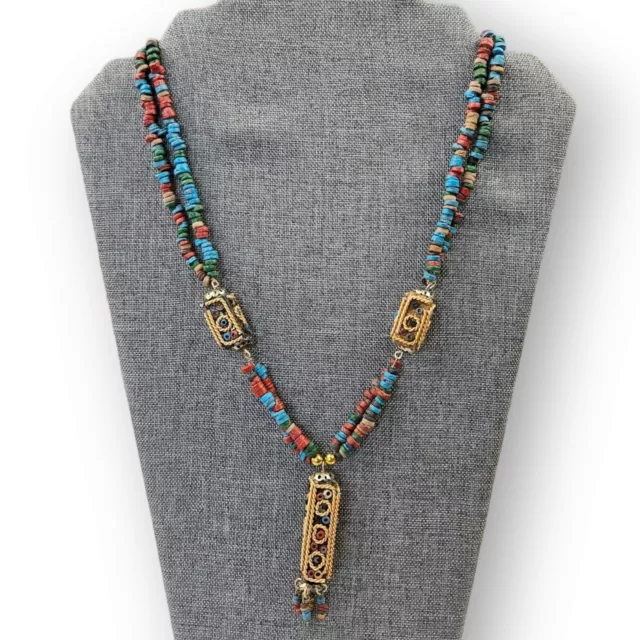 Vintage Egyptian Mummy Bead Necklace Double Strand Tassel Colorful Handmade 21" 2