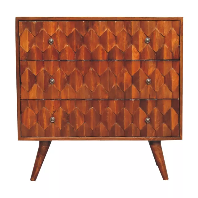 Solid Dark Mango Wood Swoon Geo 3D Carved Mid Century Modern Chest of Drawers