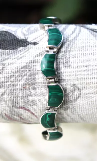 Vintage Sterling Silver .950 Wonderful Malachite Snake Bangle Bracelet