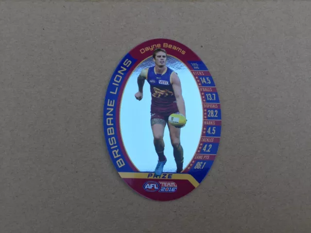 2016 AFL Teamcoach Prize Card Dayne Beams Brisbane Lions