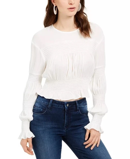 LEYDEN Women's Smocked Long-Sleeve Top White Size Large
