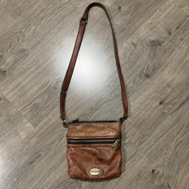Fossil Brown Leather Explorer Mini Crossbody Handbag Purse Bag Square 8x8
