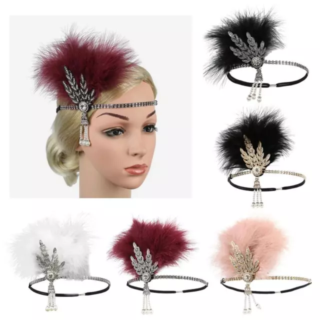 Lady 20s Vintage Flapper Feather Headband Pearl Crystal Hairband Headpiece