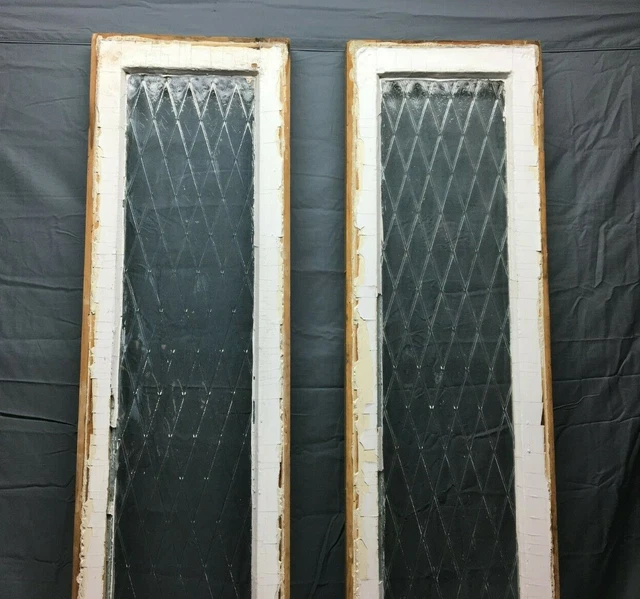 Pair Antique Raised Diamond Pattern Glass 12x92 Entryway Sidelights VTG 331-22B 8