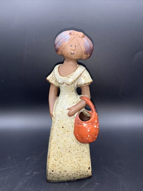 Vintage Clay Art Pottery Made in Japan Girl with Purse Bag Pen Holder 6 1/2”
