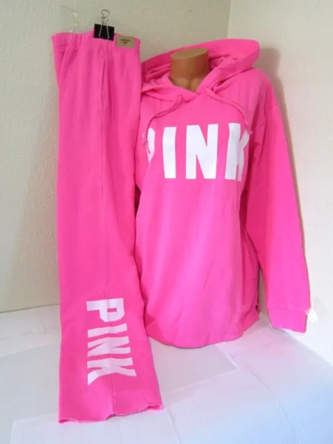 Victoria Secret Pink NEON ATOMIC LOGO PULLOVER SWEAT HOODIE BOYFRIEND PANT L SET