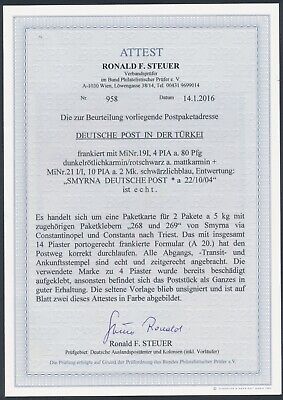 DP Türkei 14 Piaster Reichspost MiF Paketkarte nach Triest 1904 Attest (S16968) 3