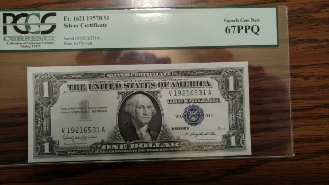 (2) Fr-1621 1957 B Silver Certificates $1.00 Bills PCGS Superb Gem New 67 PPQ.