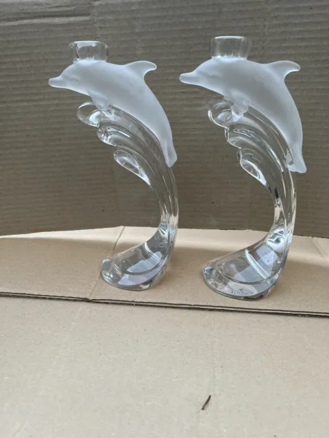 Lenox Dolphin On Wave Crystal Candlesticks  Set Of 2