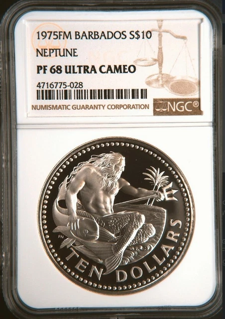 1975FM S$10 Barbados Ten Dollars Neptune Silver Proof NGC PF68 Ultra Cameo