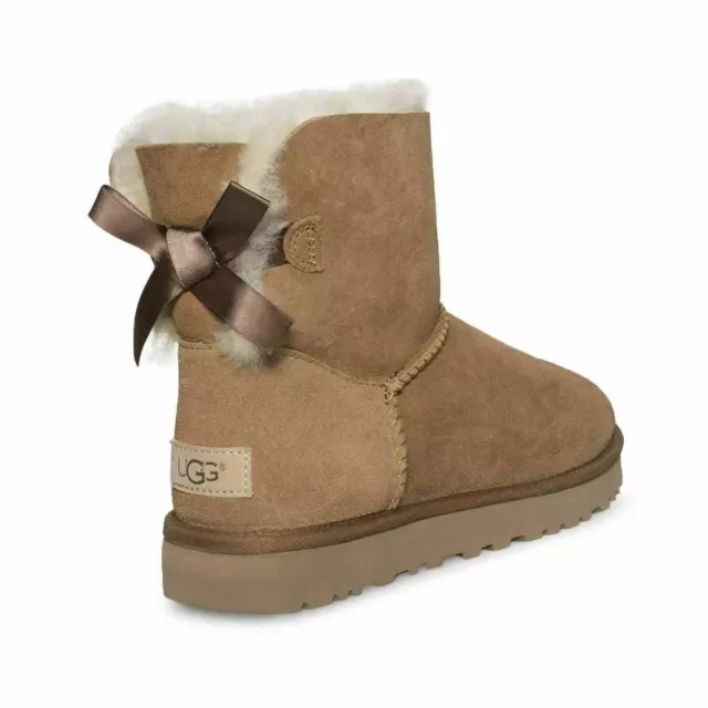 Ugg Mini Bailey Bow Ii Chestnut Suede Sheepskin Ankle Boots Size Us 10 New