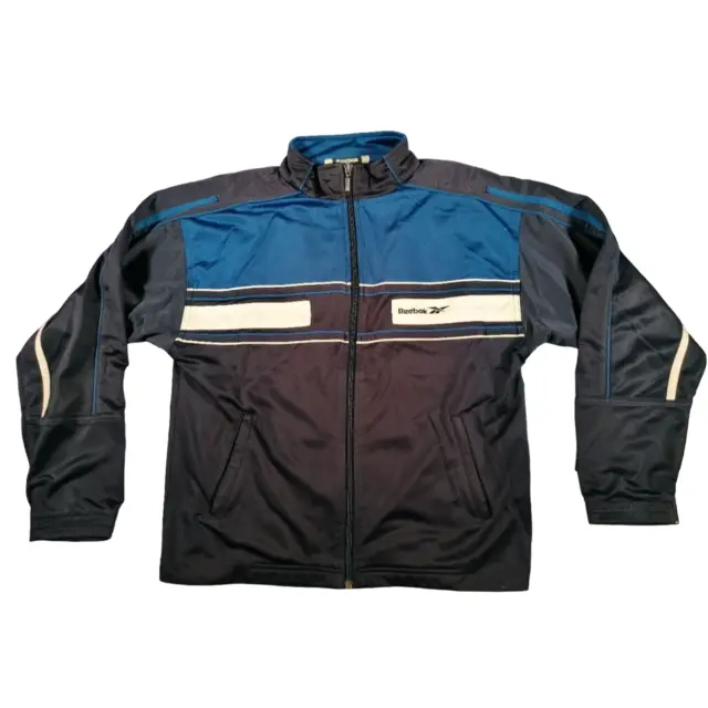 Reebok Track Training Jacket Kids Black Blue XL Full Zip Windbreaker Vintage 90s