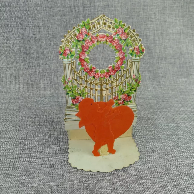 Vintage Fold Out Valentine Card Red Cupid And Heart With Rose Trellis Germany