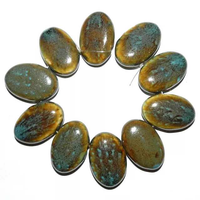 CPC226 Honey Brown & Aqua Blue Glazed Porcelain 32mm Top-Drilled Oval Beads 8"
