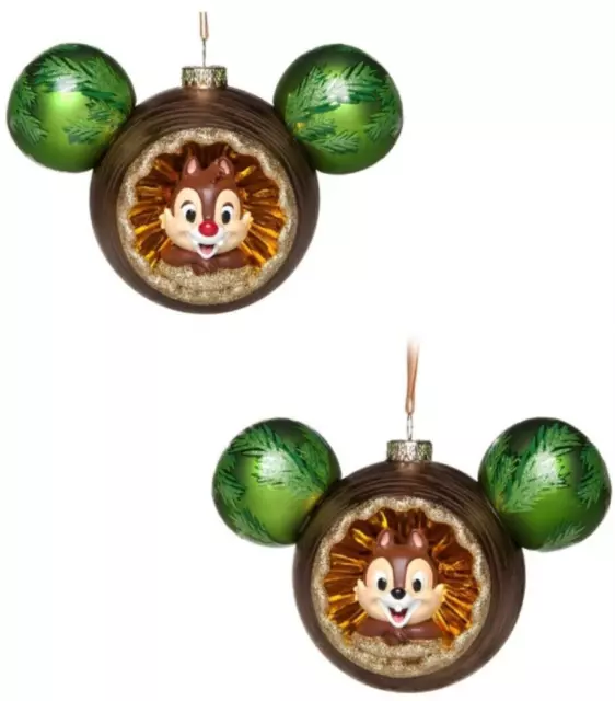 Disney Parks Ornament Chip & Dale Sunburst Mickey Ear Icon Large Glass 1st Issue