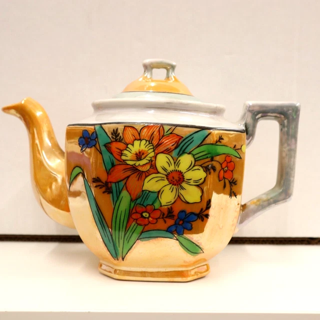 Vintage 1930s Teapot Japanese Floral Hand Painted Art Deco Lusterware 7 in