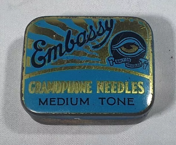 VINTAGE  ART DECO EMBASSY MEDIUM TONE GRAMOPHONE NEEDLES TIN EMPTY 40 x 33 MM