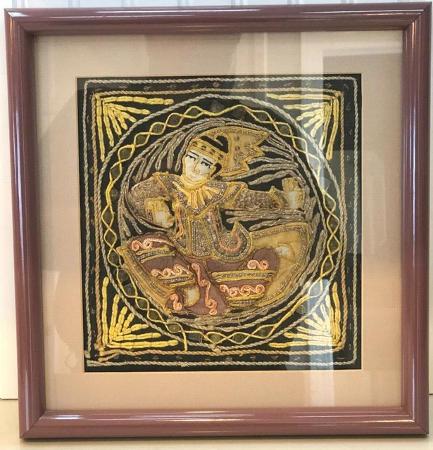 Vintage Bangkok Thailand Thai Burmese Stitched Sewn Fabric Dancer Framed Art