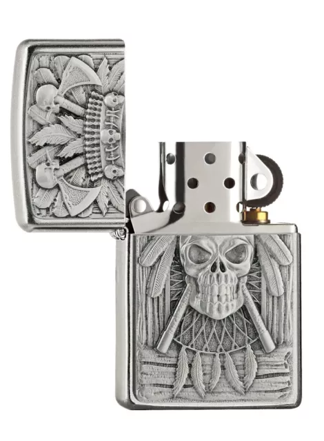 Zippo Original Briquet Régulière/Satin Chrome Emblème Indien Crâne / Étui 2