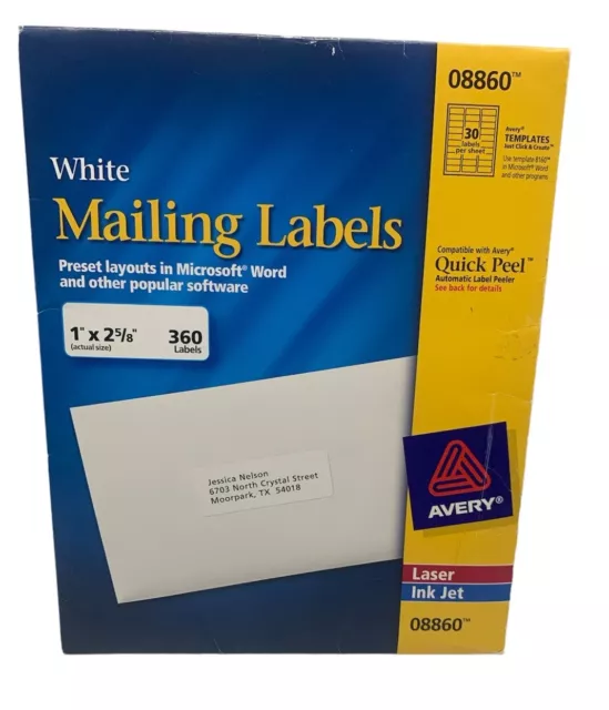 Avery Mailing Address Labels, Laser & Inkjet Printers, 1”X2 5/8” 08860-Free Ship