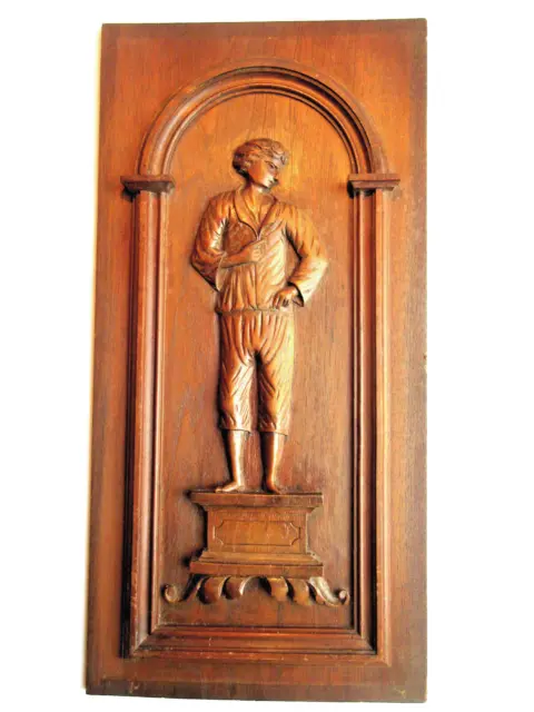 French carved wooden door panel - Breton man on a pedestal, circa 1900