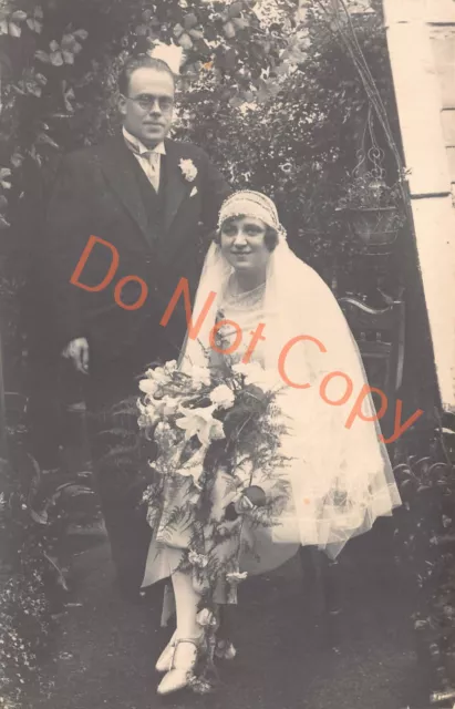 Wedding Couple Flowers Garden Photograph c1929 Postcard (D685)