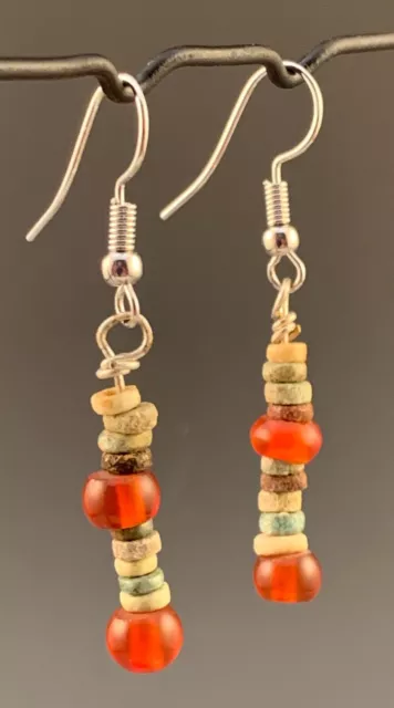 Ancient Egyptian Carnelian & Mummy Bead Earrings; 300 Bc - 100 Ad Nice Pair