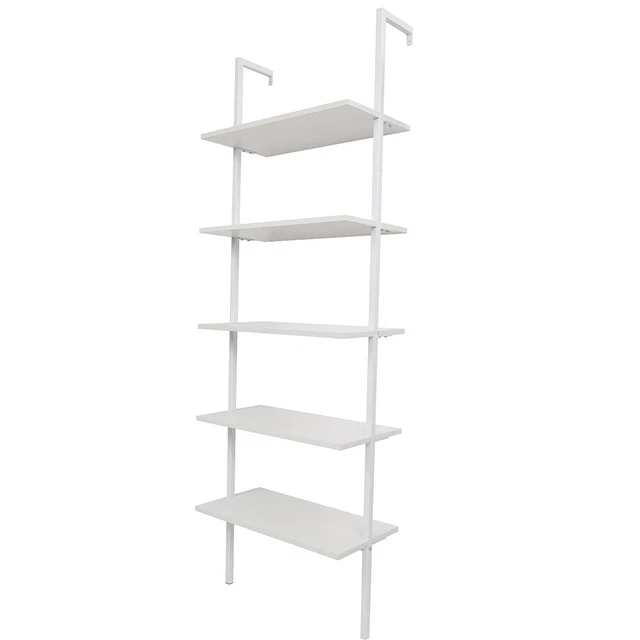 5-Tier Industrial Wood  Metal Ladder Shelf Sleek Modern Bookcase White