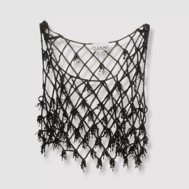 $675 Ganni Women's Black Beaded Embellished Netting Crop Top Size 50