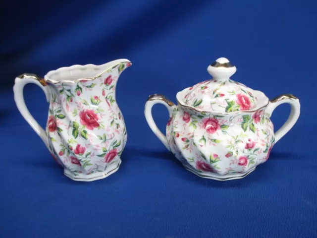 Lefton Pink Rose Chintz 3 Pc Teaset; Teapot, Sugar Bowl, Cream Pitcher 3