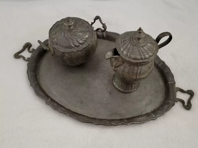 ANTIQUE PEWTER Baroque Style Sugar Creamer Tray Set - 5pc Total