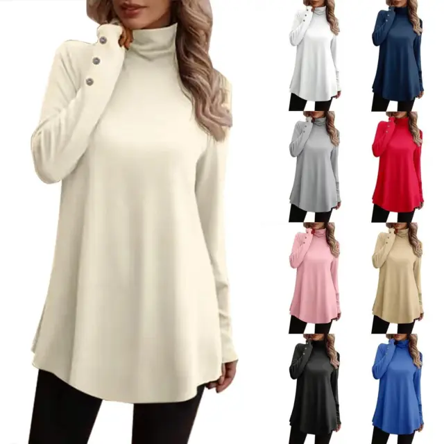 Women's Turtleneck Long Sleeve Long Shirt Casual Loose Top Tunic Top Shirt Dress