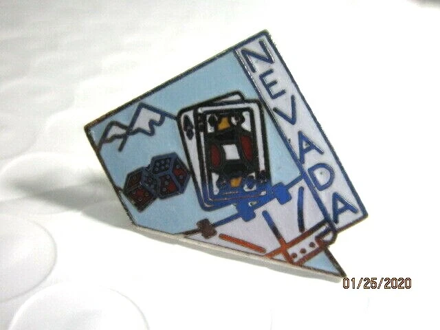 Nevada State Shaped Map Lapel Pin NV Dice/Cards/Snow on Mountains/Black Jack