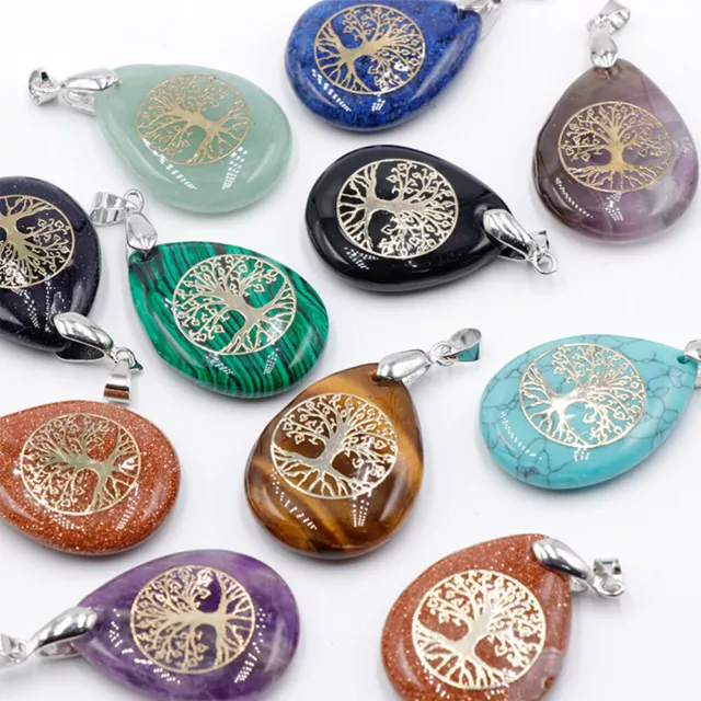 Tree of Life Necklace Germstone Chakra Teardrop Pendant Healing Crystal