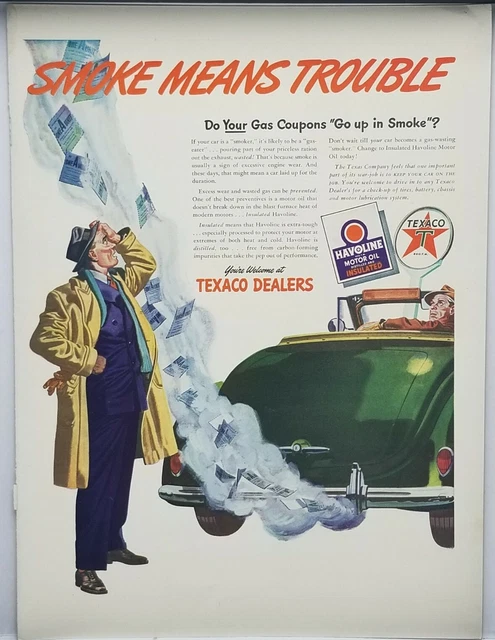 1943 Texaco Dealers Gas Coupons Smoke Means Trouble Vintage WWII Era Print Ad