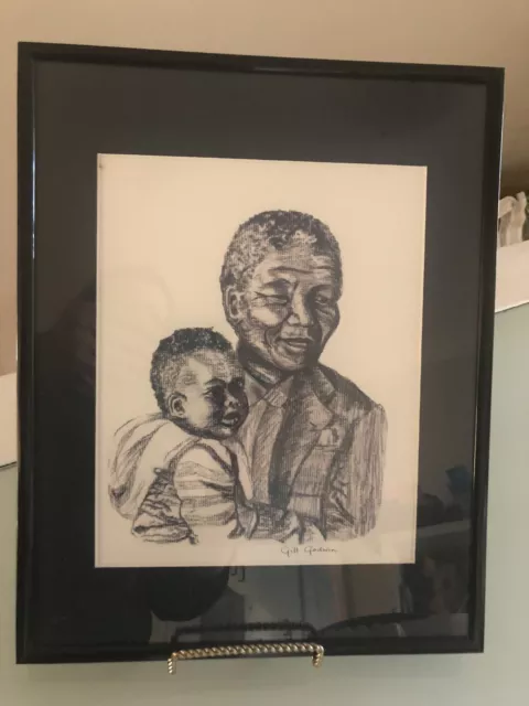 Vintage Framed Hand Drawn Sketch  Man Of Colour With Child Mandela -Gill Godwin