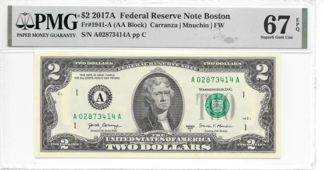 2017A Boston $2 FRN (AA Block) PMG 67 Superb EPQ Gem Uncirculated