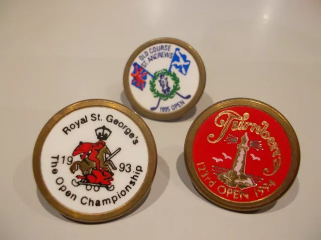 Set of 3 Open golf championship golf ball markers - 1993, 1994, 1995.